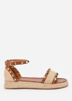 Footwear>Where's That From Where's That From Tan PU Aviva Studded Gladiator Espadrille Flatform