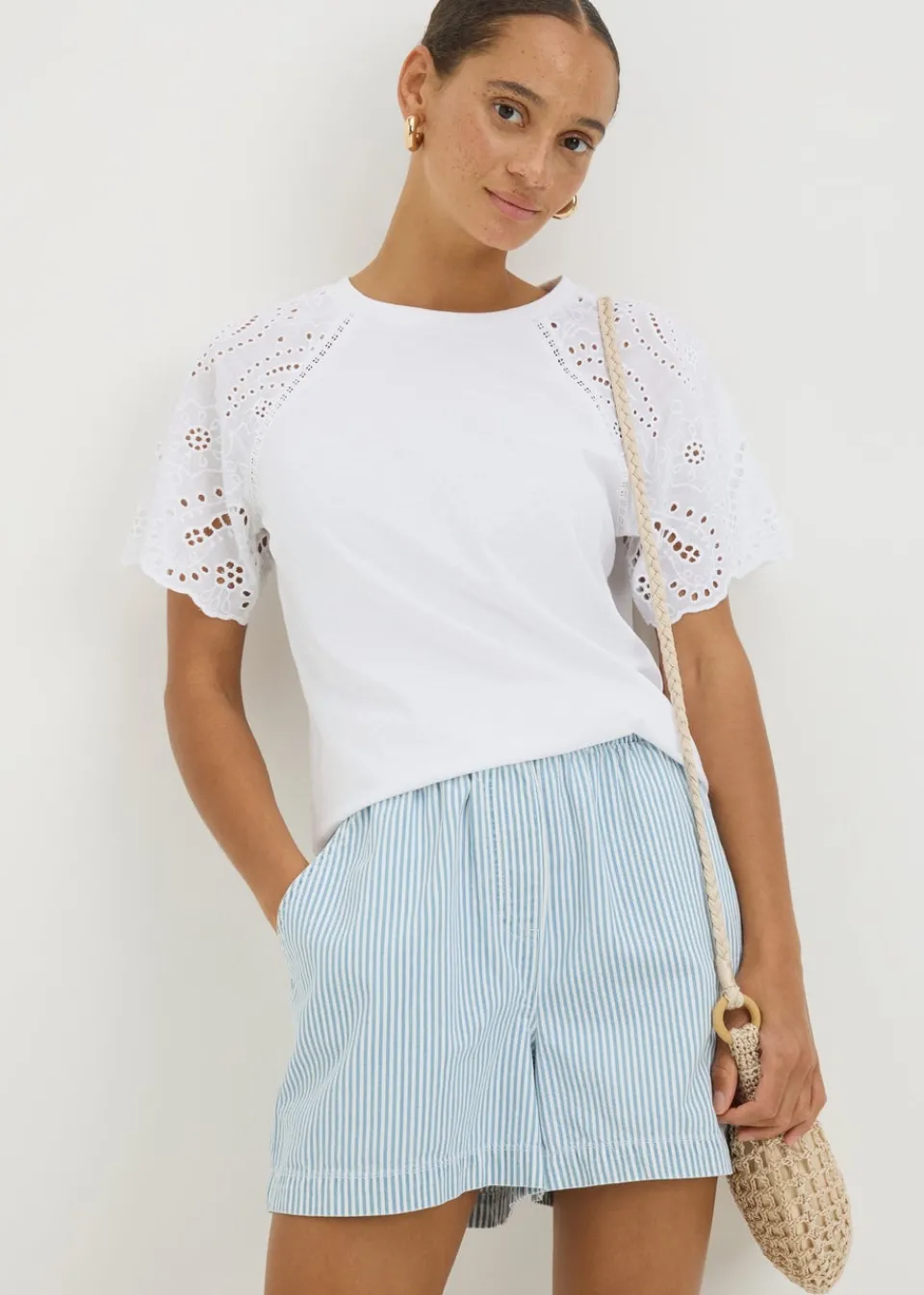 T-Shirts>Papaya Broderie Anglaise Raglan Sleeve T-Shirt White