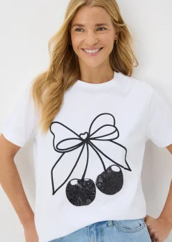 T-Shirts>Papaya White Cherry Sequin T-Shirt