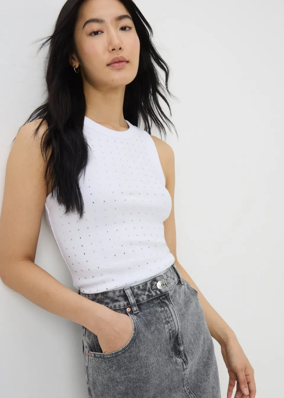 Tops>Papaya Diamante Vest Top White