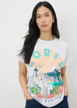 T-Shirts>Papaya White Embellished Corfu Graphic T-Shirt