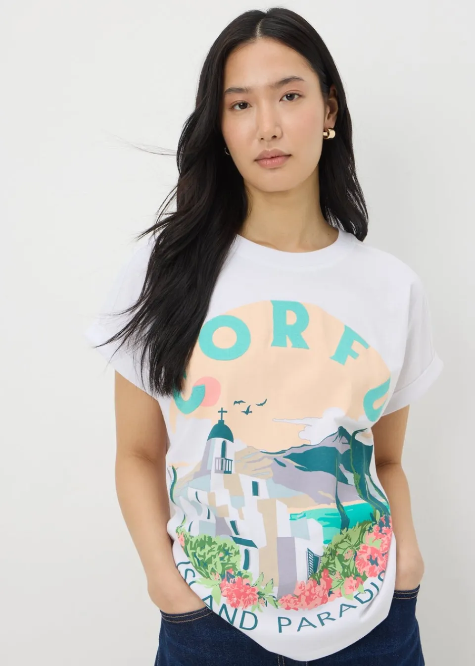 T-Shirts>Papaya White Embellished Corfu Graphic T-Shirt
