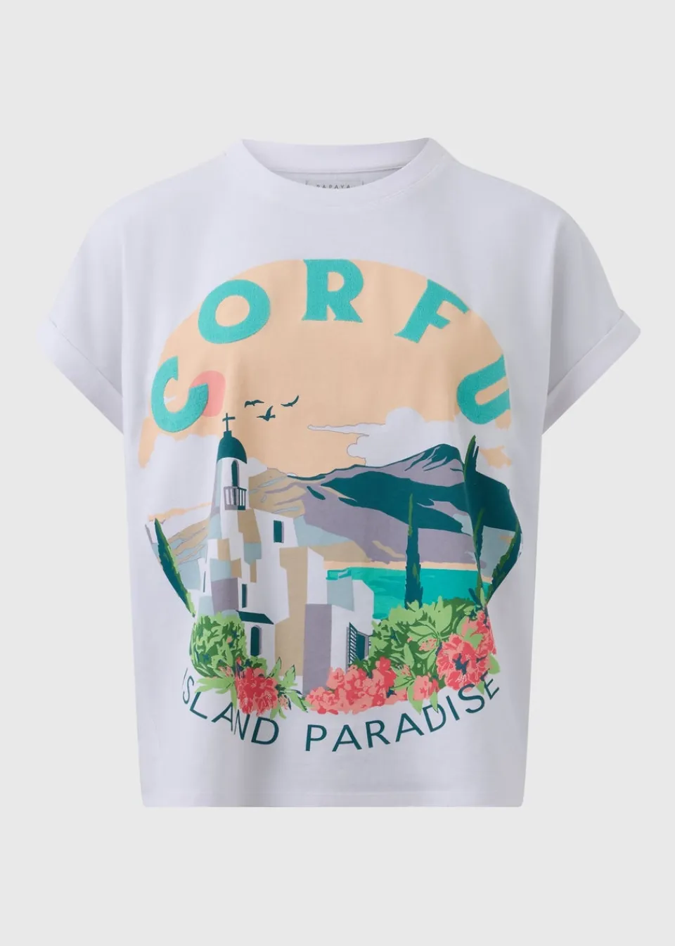 T-Shirts>Papaya White Embellished Corfu Graphic T-Shirt