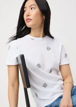 T-Shirts>Papaya White Embroidered Leaf Print T-Shirt