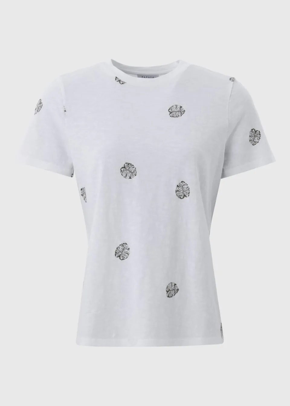 T-Shirts>Papaya White Embroidered Leaf Print T-Shirt