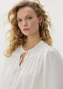 Blouses & Shirts>Papaya White Embroidered Tie Neck Blouse