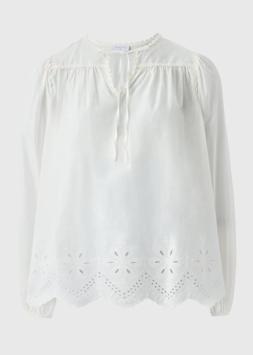 Blouses & Shirts>Papaya White Embroidered Tie Neck Blouse