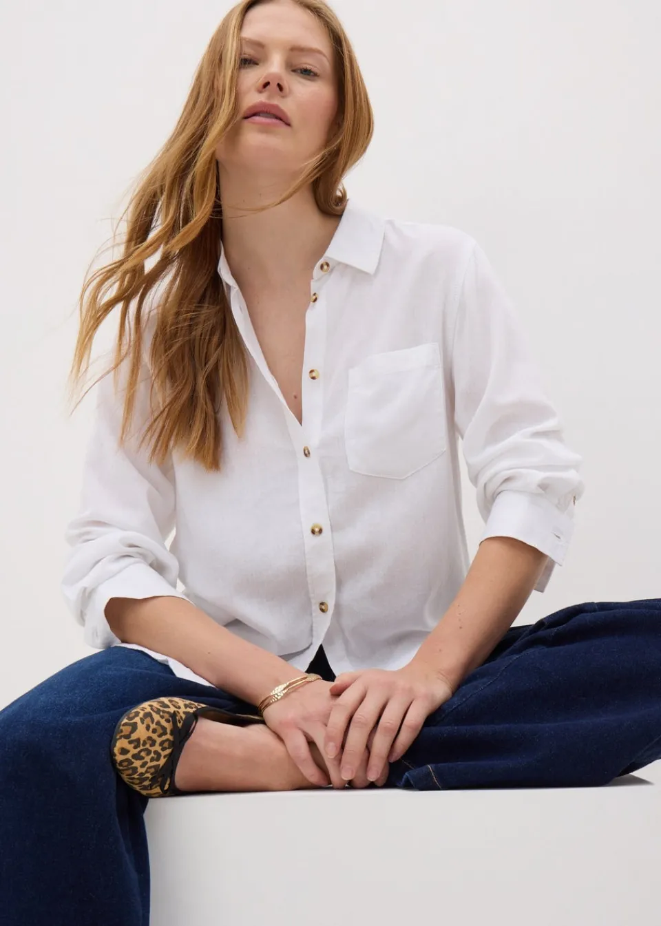 Tops>Papaya White Linen Blend Shirt