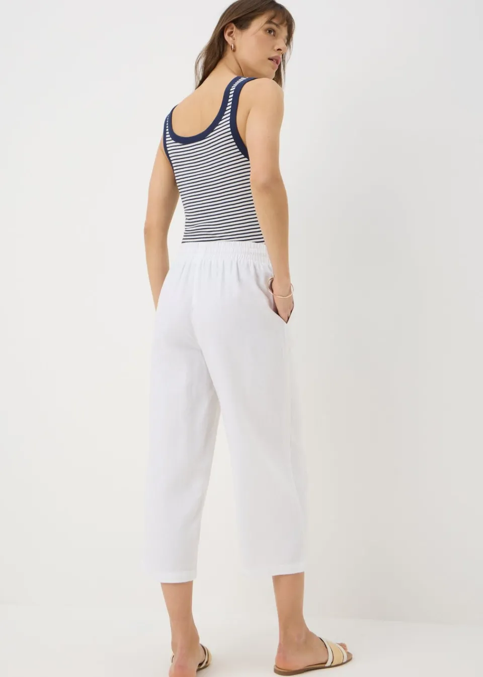 Trousers>Papaya White Linen Blend Wide Cropped Trousers