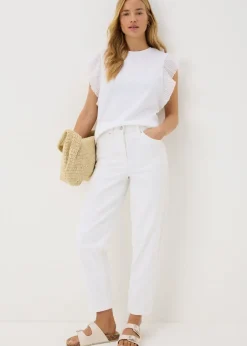 T-Shirts>Papaya White Pleated Sleeve T-Shirt