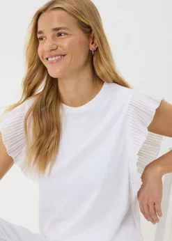 T-Shirts>Papaya White Pleated Sleeve T-Shirt