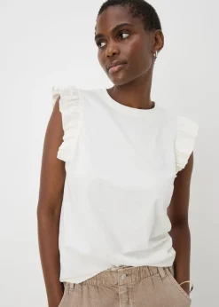 T-Shirts>Papaya White Ruffle Sleeve T-Shirt
