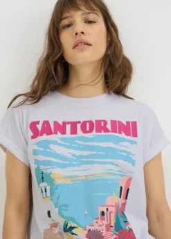 T-Shirts>Papaya White Santorini Graphic T-Shirt