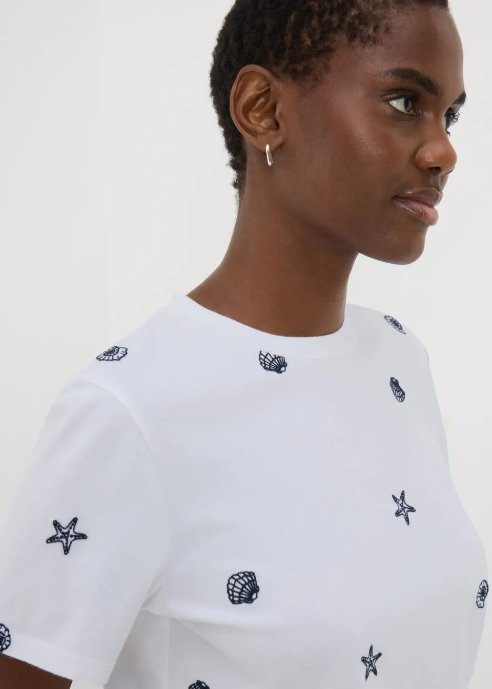 T-Shirts>Papaya White Shell Embroidered T-Shirt