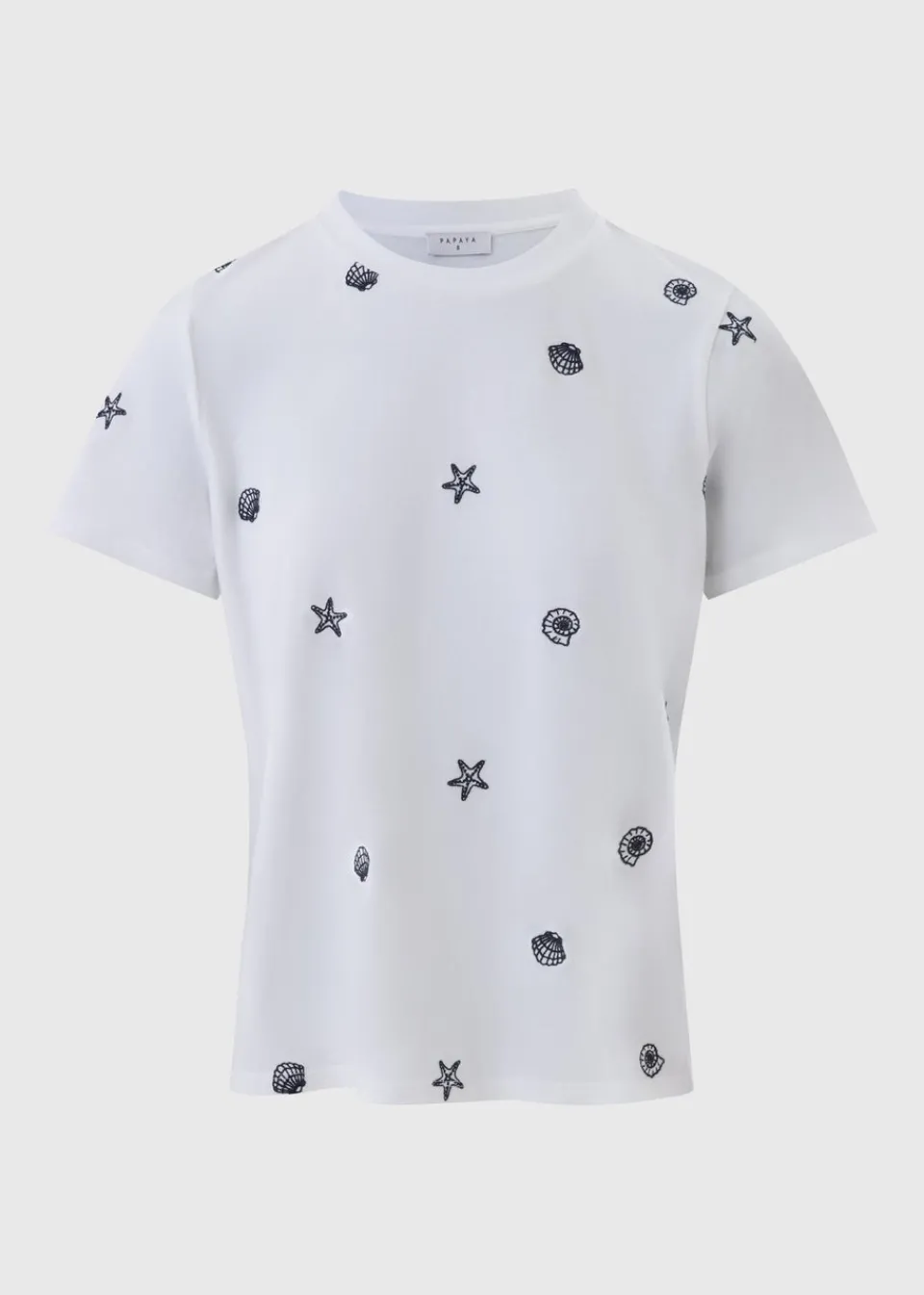 T-Shirts>Papaya White Shell Embroidered T-Shirt