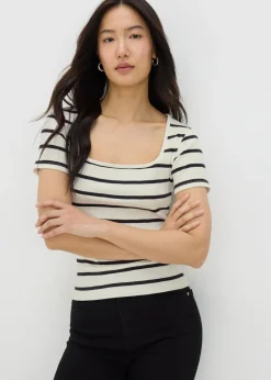 T-Shirts>Papaya White Stripe Ribbed T-Shirt