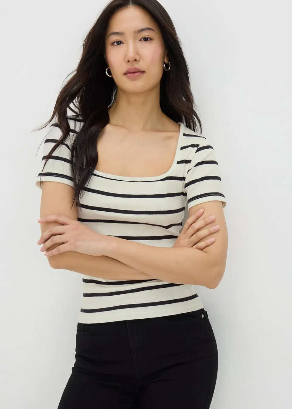 T-Shirts>Papaya White Stripe Ribbed T-Shirt