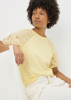 T-Shirts>Papaya Broderie Raglan Sleeve T-Shirt Yellow