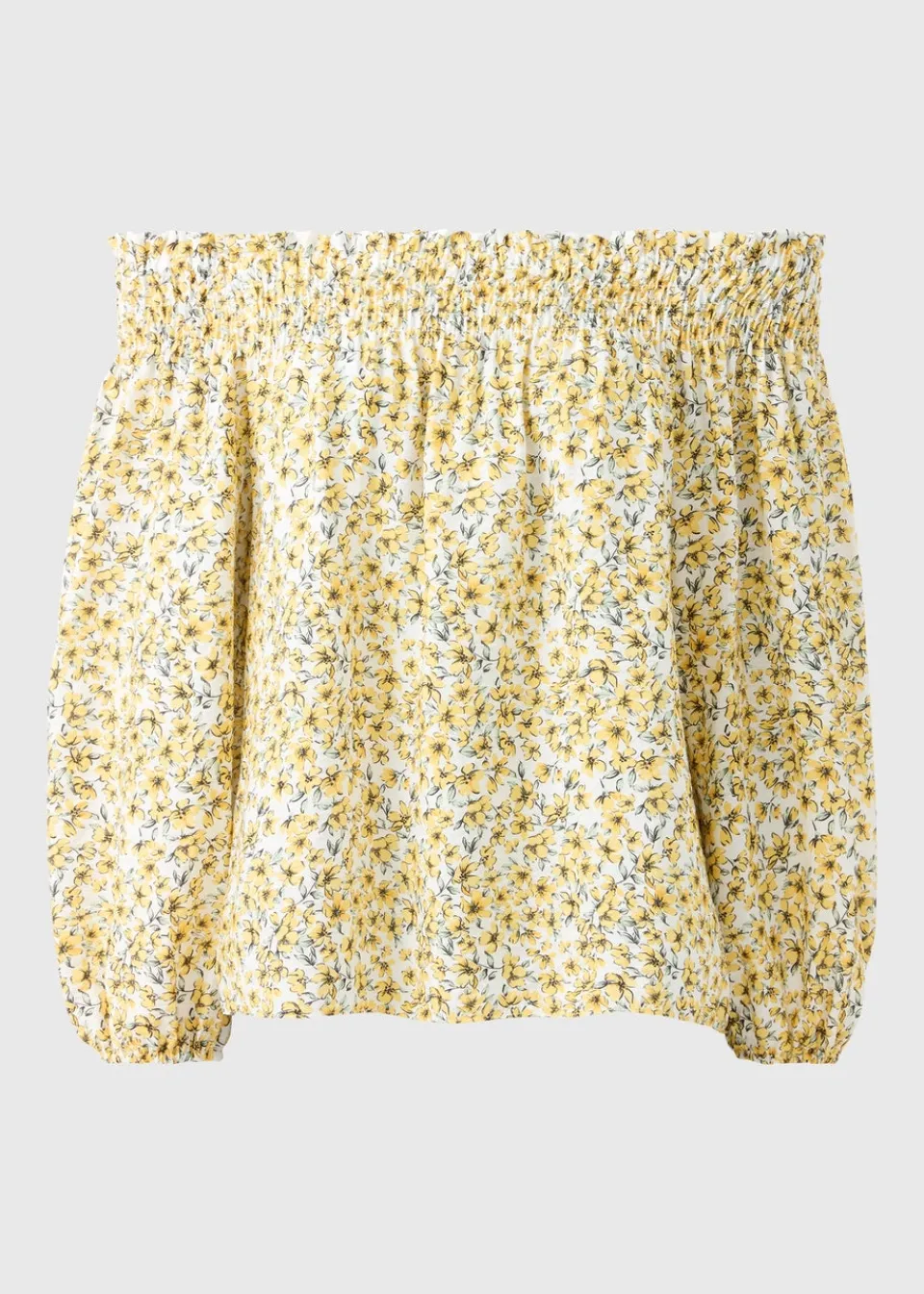 Tops>Papaya Yellow Ditsy Floral Shirred Bardot Top