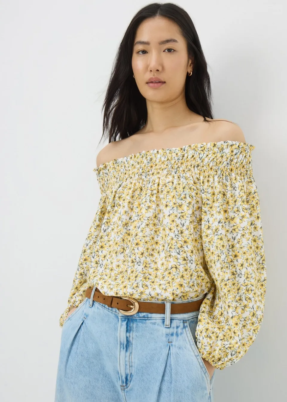 Tops>Papaya Yellow Ditsy Floral Shirred Bardot Top