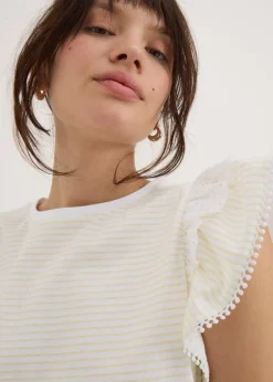 T-Shirts>Papaya Yellow Stripe Broderie Frill Sleeve T-Shirt