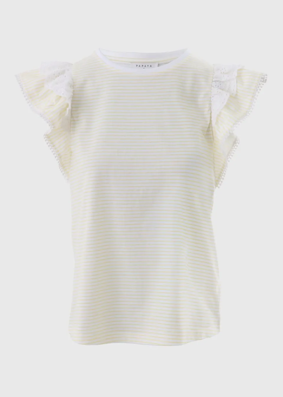 T-Shirts>Papaya Yellow Stripe Broderie Frill Sleeve T-Shirt