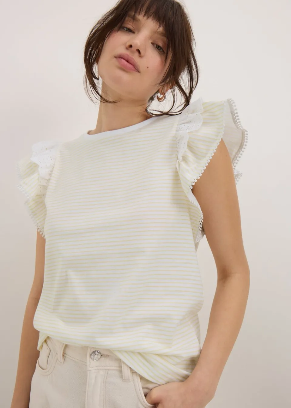 T-Shirts>Papaya Yellow Stripe Broderie Frill Sleeve T-Shirt