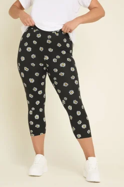 Leggings>YOURS 2 Pack Curve Black Daisy Print Cropped Leggings