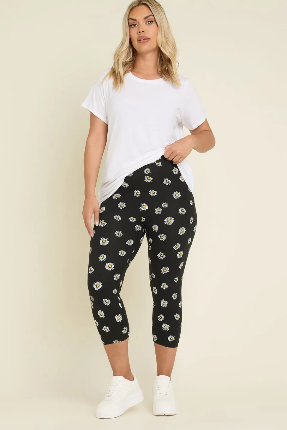 Leggings>YOURS 2 Pack Curve Black Daisy Print Cropped Leggings