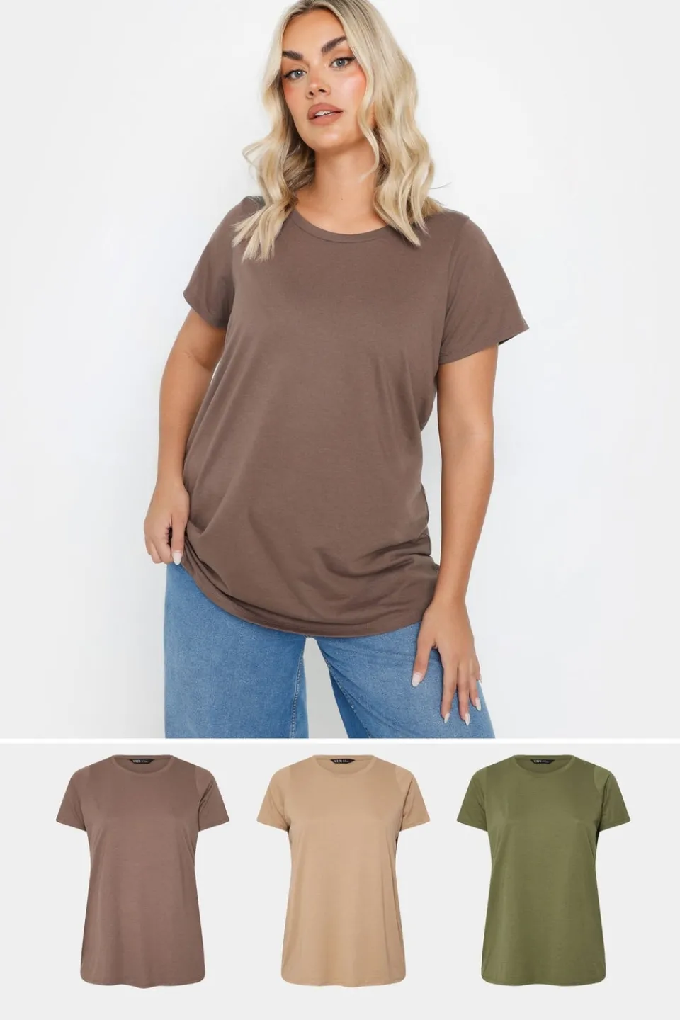 T-Shirts>YOURS 3 Pack Curve Brown & Green Essential T Shirts