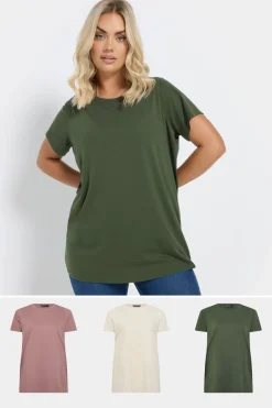 T-Shirts>YOURS Curve 3 Pack Green & White Essential T Shirts