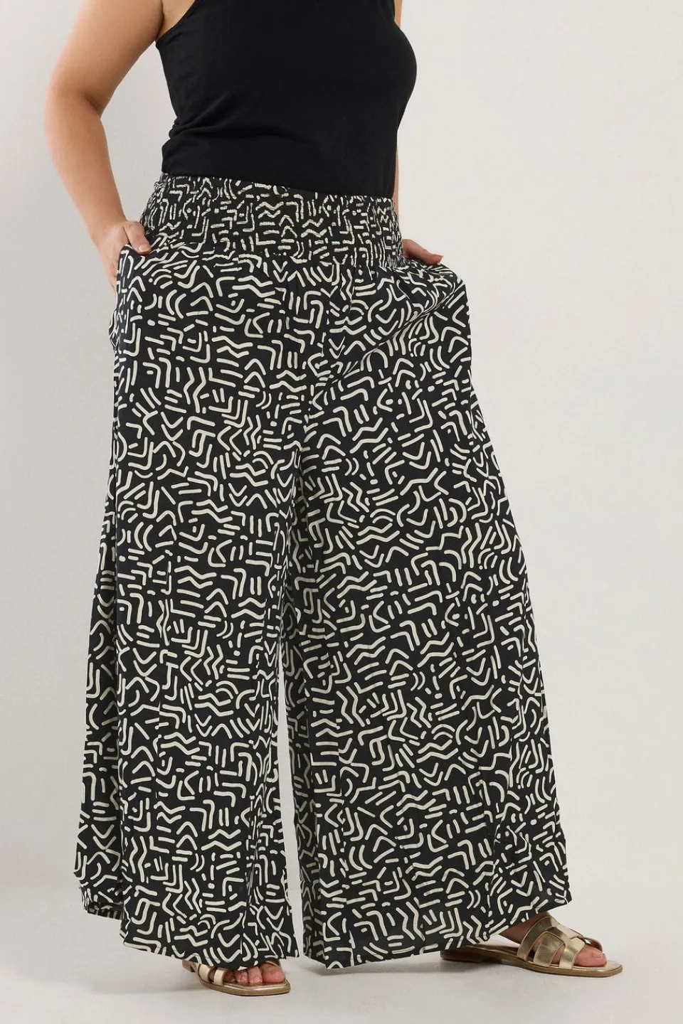 Trousers>YOURS Curve Black Abstract Print Shirred Waist Trousers