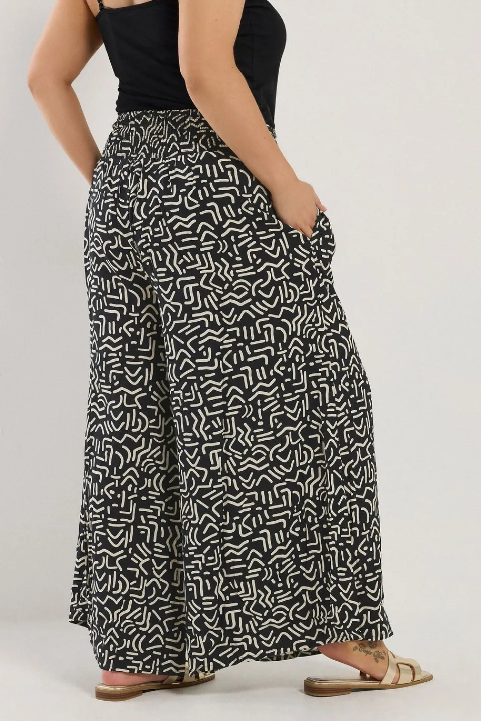 Trousers>YOURS Curve Black Abstract Print Shirred Waist Trousers