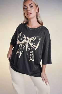 T-Shirts>YOURS Curve Black Acid Wash Boxy Bow Graphic Print T Shirt