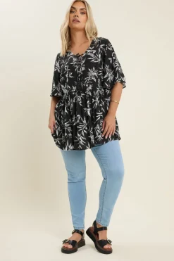 Tops>YOURS Curve Black & White Palm Print Tie Neck Top