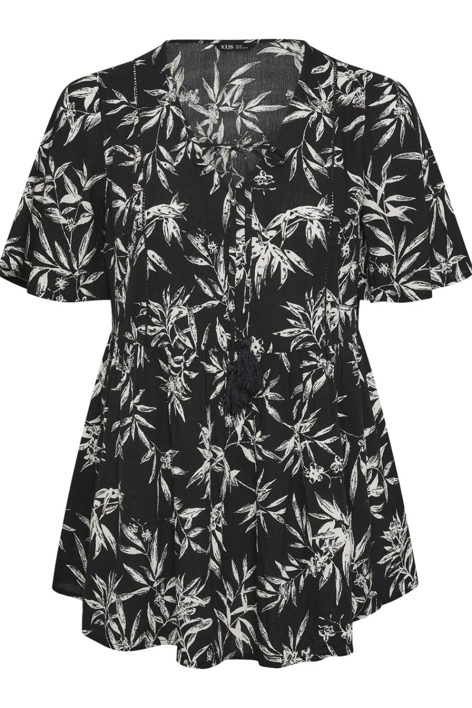 Tops>YOURS Curve Black & White Palm Print Tie Neck Top