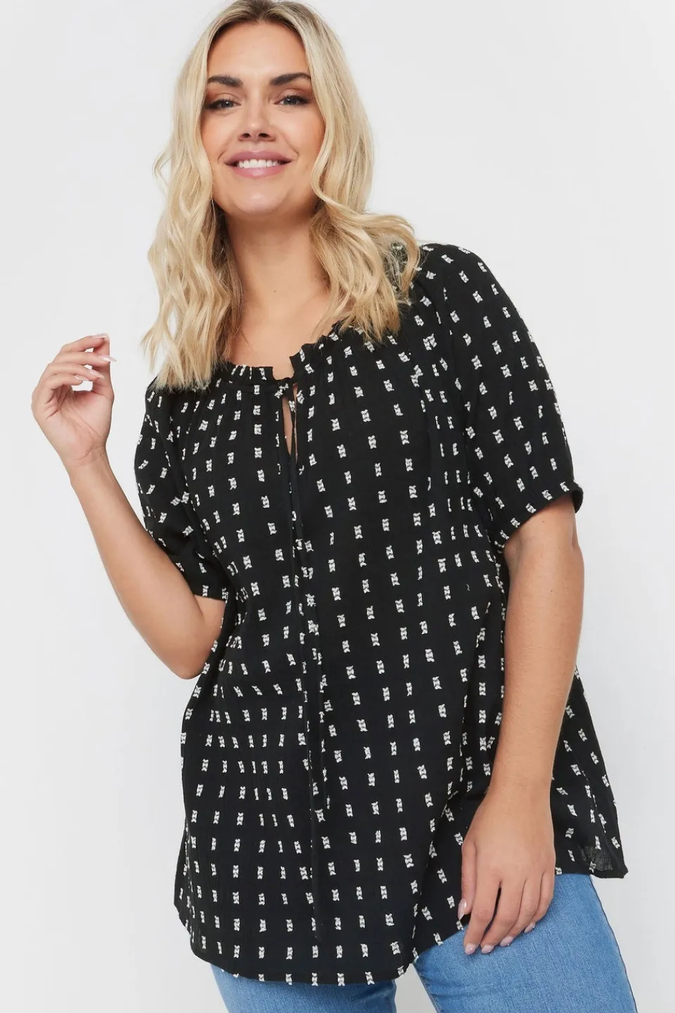 Tops>YOURS Curve Black & White Dobby Tie Neck Top