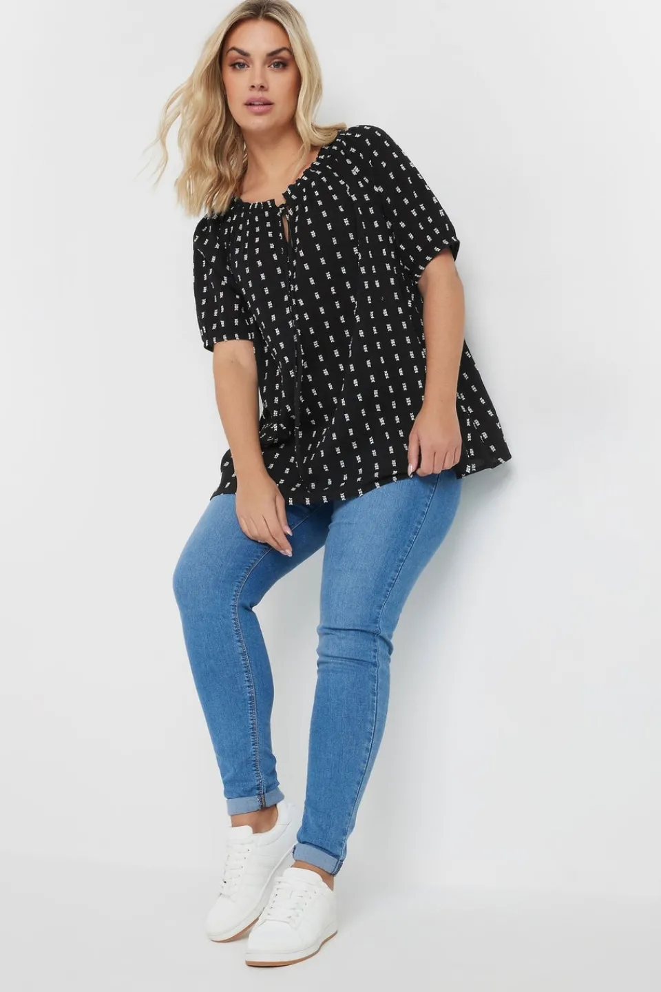 Tops>YOURS Curve Black & White Dobby Tie Neck Top