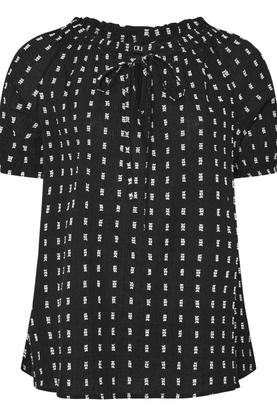 Tops>YOURS Curve Black & White Dobby Tie Neck Top