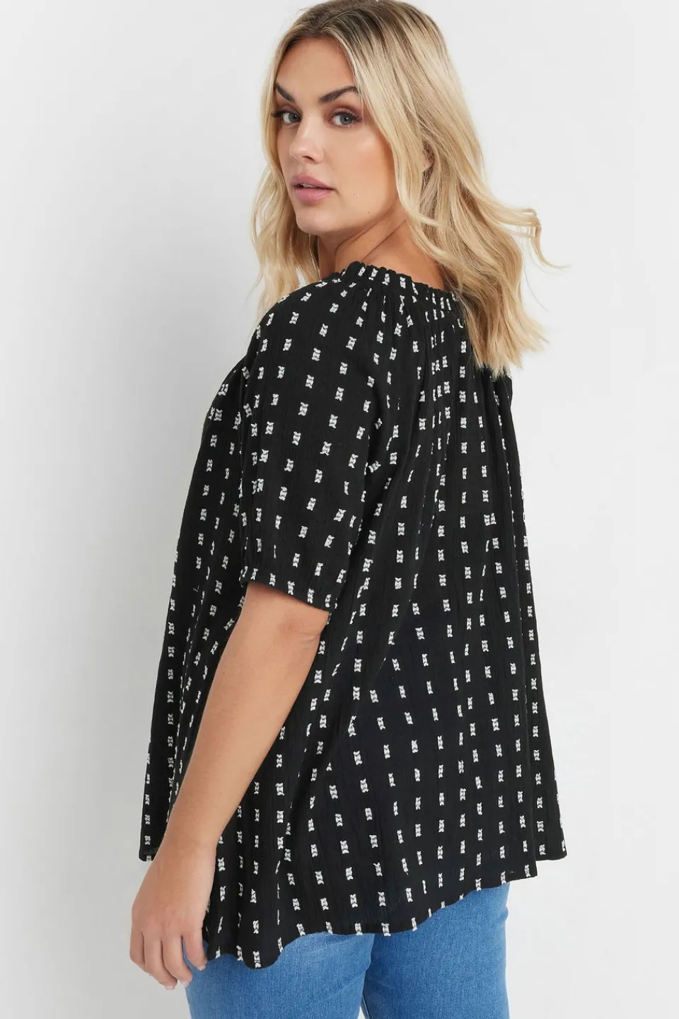 Tops>YOURS Curve Black & White Dobby Tie Neck Top