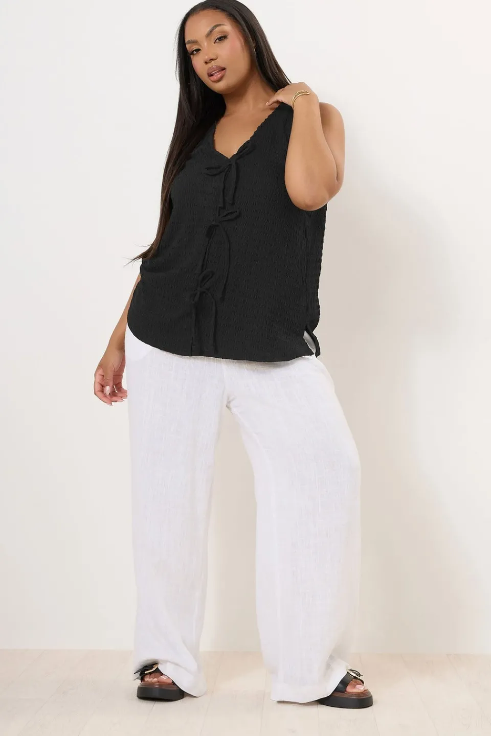 Tops>YOURS Curve Bow Tie Front Textured Waistcoat Black