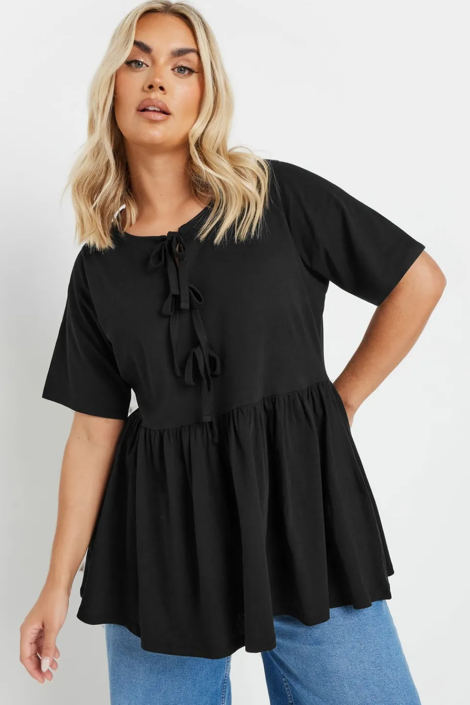 Tops>YOURS Curve Black Bow Tie Front Peplum Top