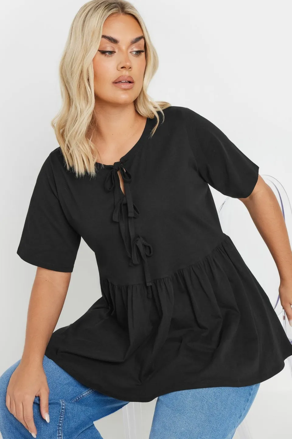 Tops>YOURS Curve Black Bow Tie Front Peplum Top
