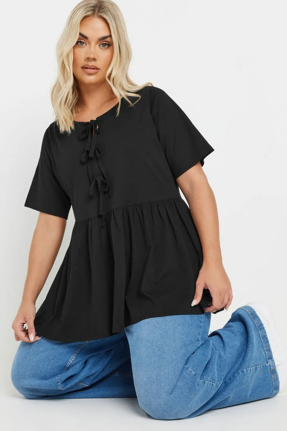 Tops>YOURS Curve Black Bow Tie Front Peplum Top