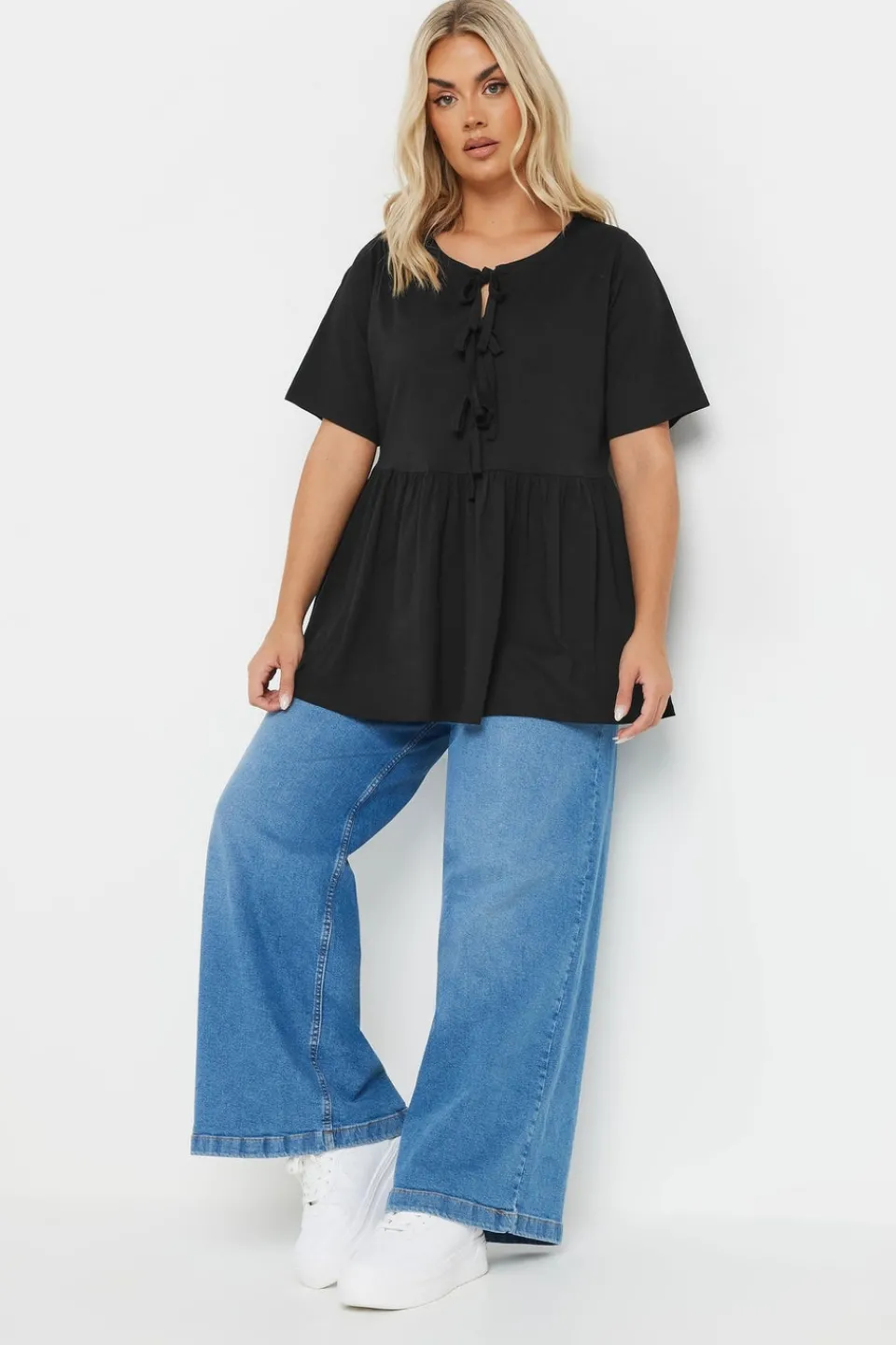 Tops>YOURS Curve Black Bow Tie Front Peplum Top