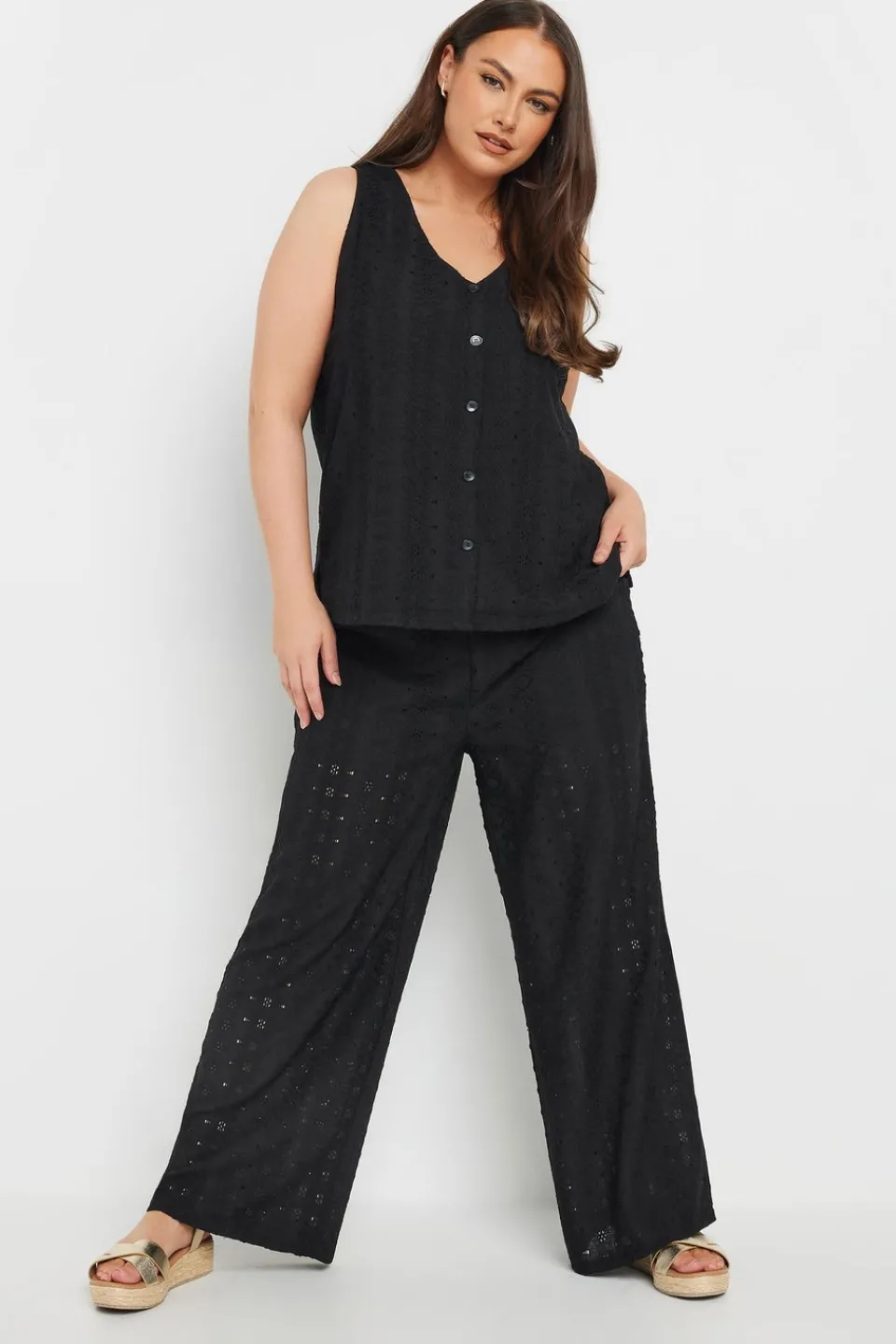 Trousers>YOURS Curve Black Broderie Anglaise Wide Leg Trousers