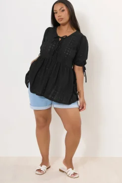 Tops>YOURS Curve Black Broderie Anglaise Bow Tie Front Peplum Top