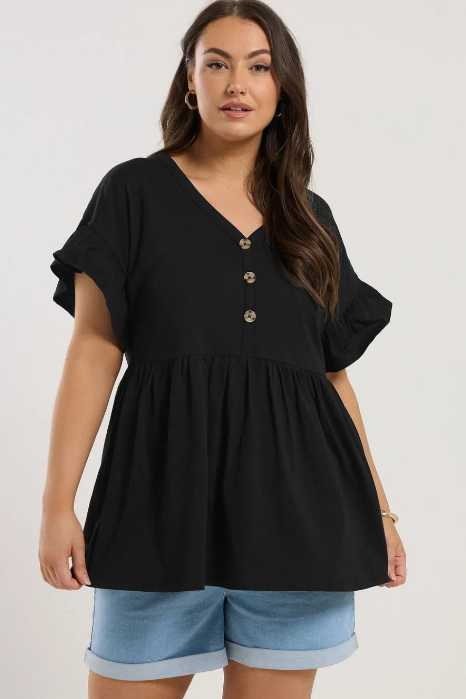 Tops>YOURS Curve Black Button Frill Sleeve Peplum Top