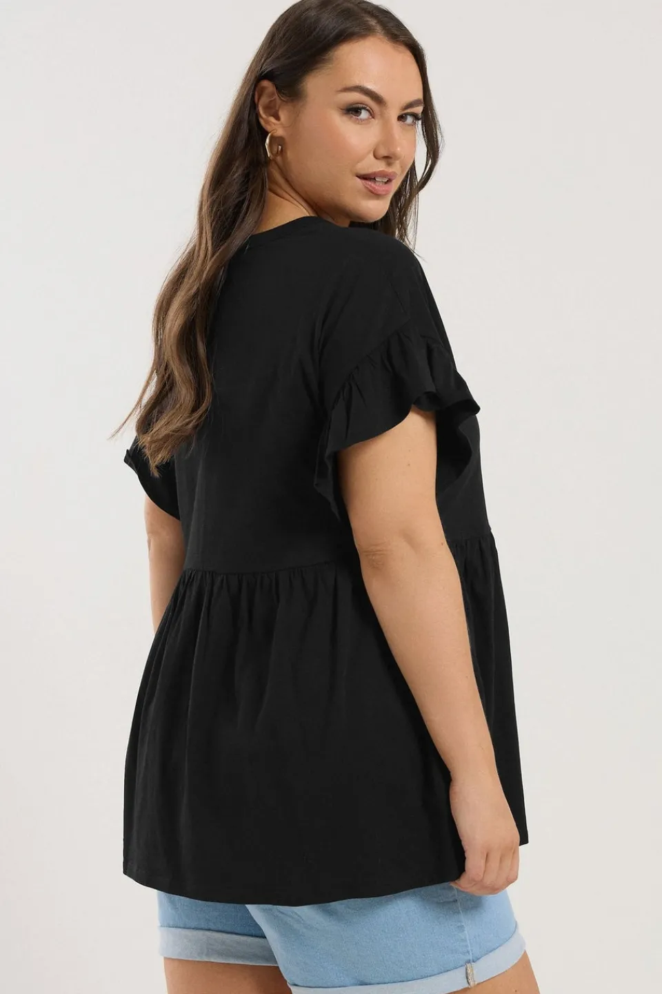 Tops>YOURS Curve Black Button Frill Sleeve Peplum Top
