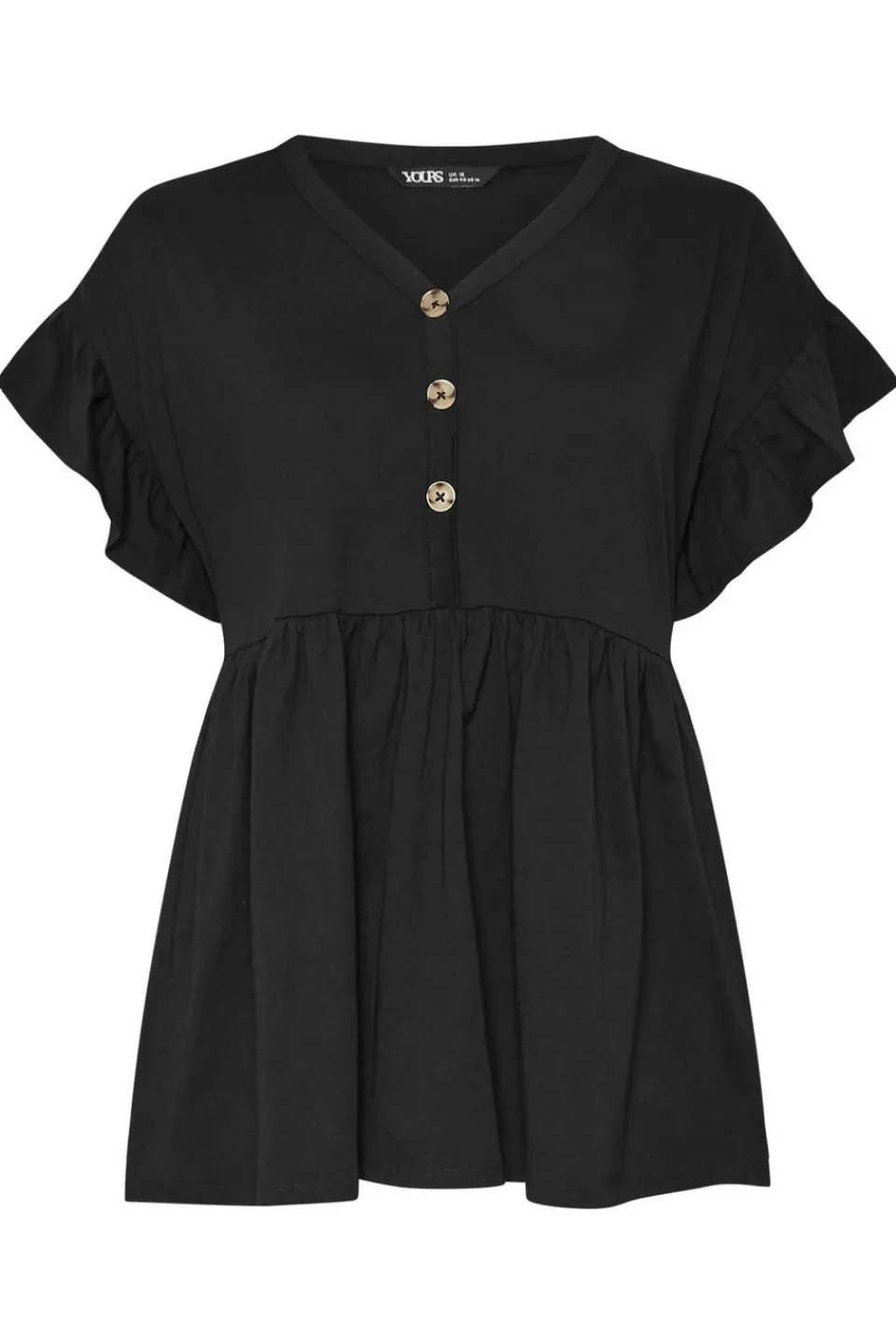 Tops>YOURS Curve Black Button Frill Sleeve Peplum Top